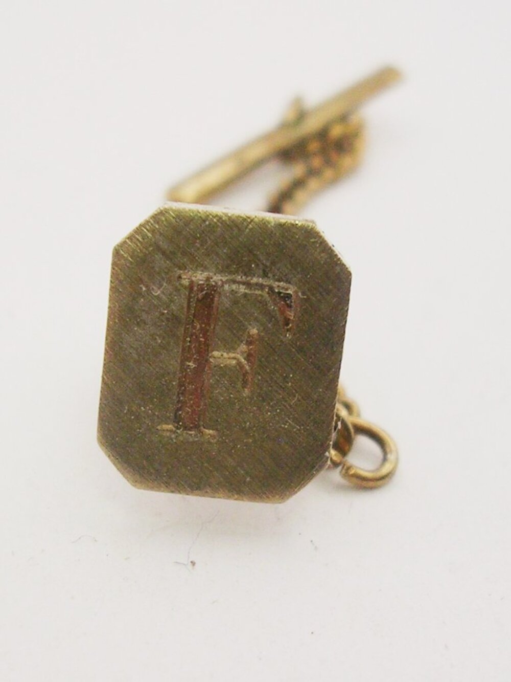 Initial F Tie Tack Pin with Chain engraved vintage Necktie Holder Men Jewelry